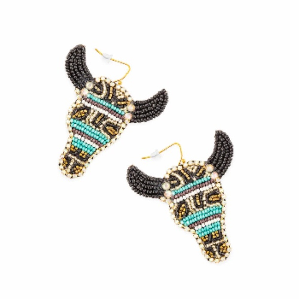 New Turquoise Black Gold Beaded boho western steer head earrings jewelry gift